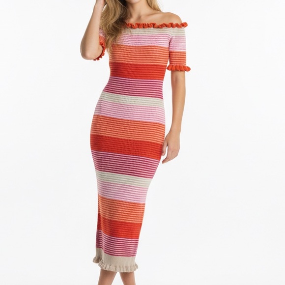 DEE ELLY Off-The-Shoulder Striped Knit Ruffle Hem in Sunset Midi Dress Sz SMALL - Picture 2 of 10
